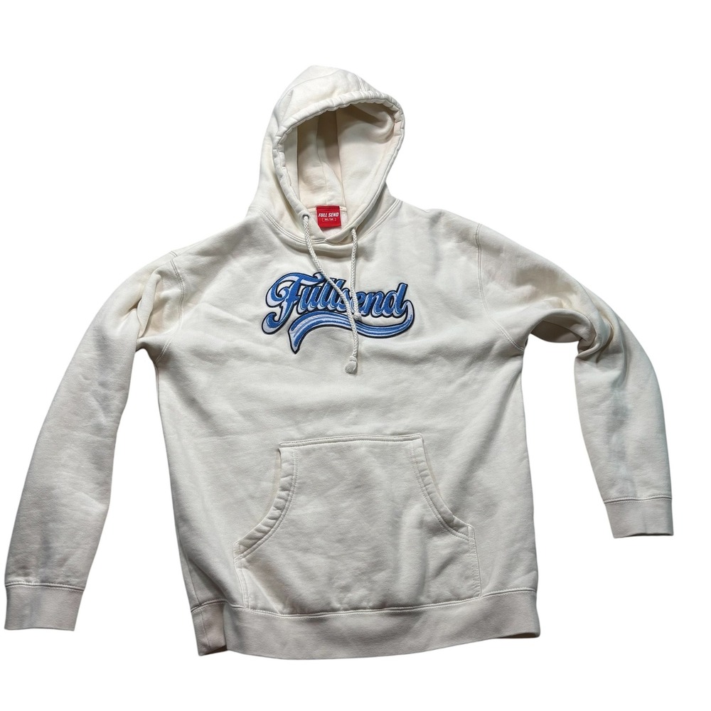 Full Send‎ Mens Cream Chenille Logo Hoodie Sweatshirt Med Blue Script #1128